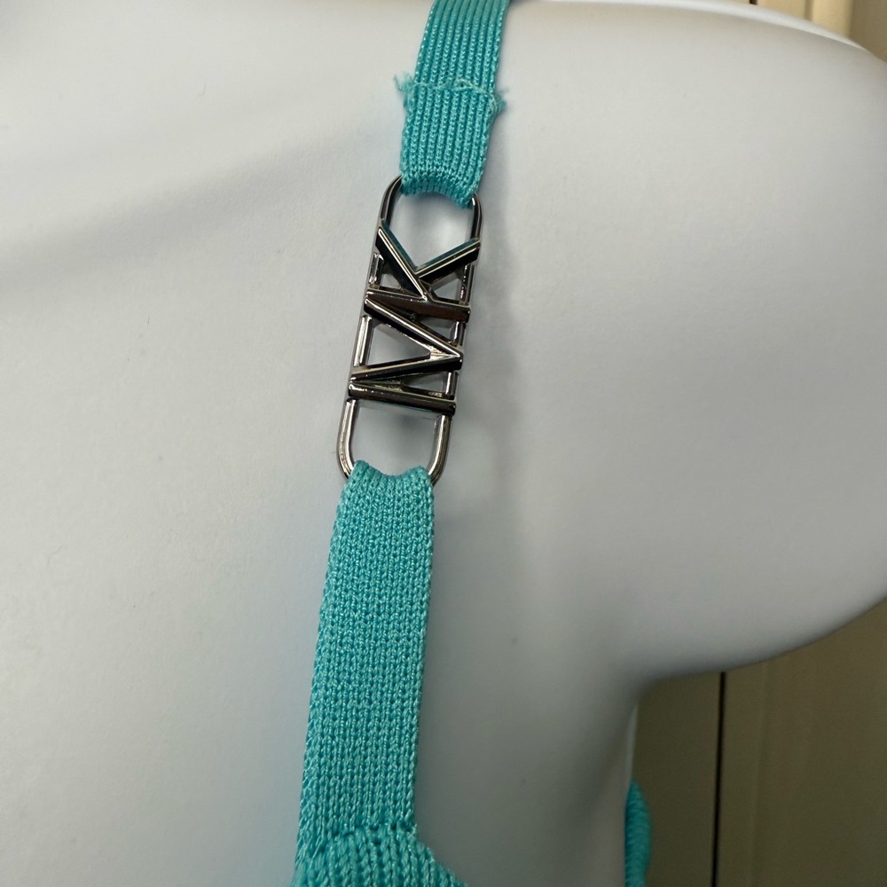 Michael Kors Ribbed Stretch Knit Midi Dress – Turquoise (With MK Chain Belt) - Picture 6 of 8
